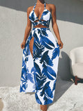 Plant Print Hollow-Out Halter Swimsuit with Mesh Skirt Three-Piece Set