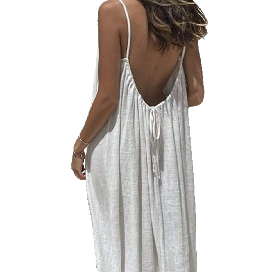 Womens Suspender Backless Loose Dress