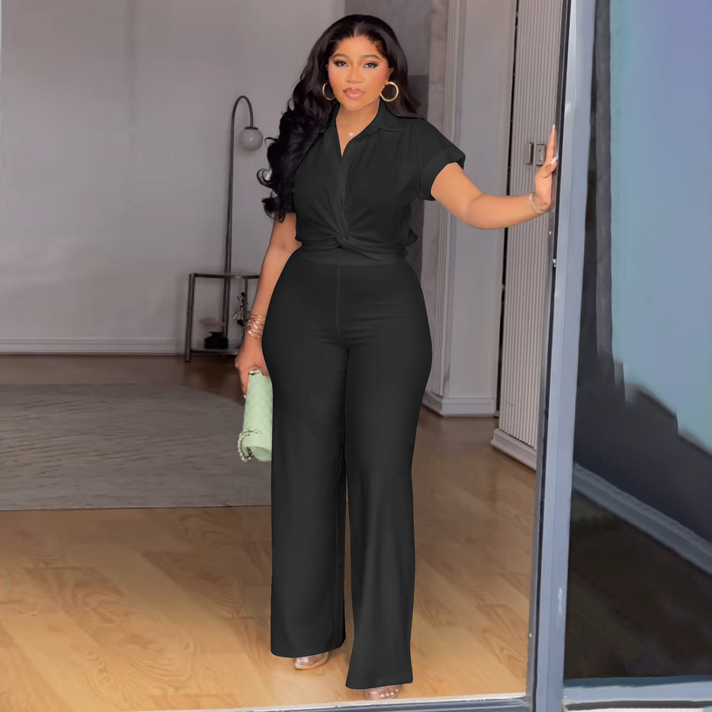 Women's Solid Color Short Sleeve Shirt and High Waist Pants Set