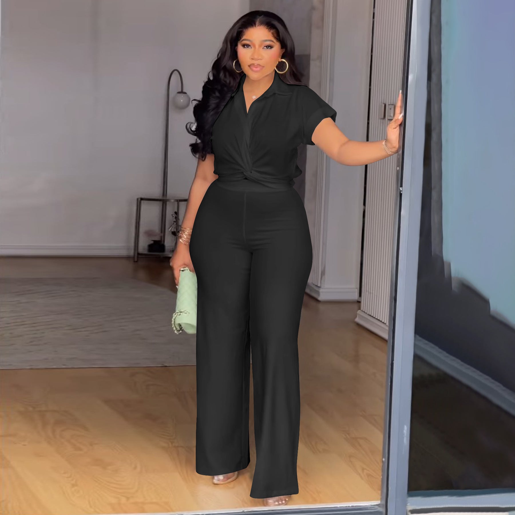 Women's Solid Color Short Sleeve Shirt and High Waist Pants Set