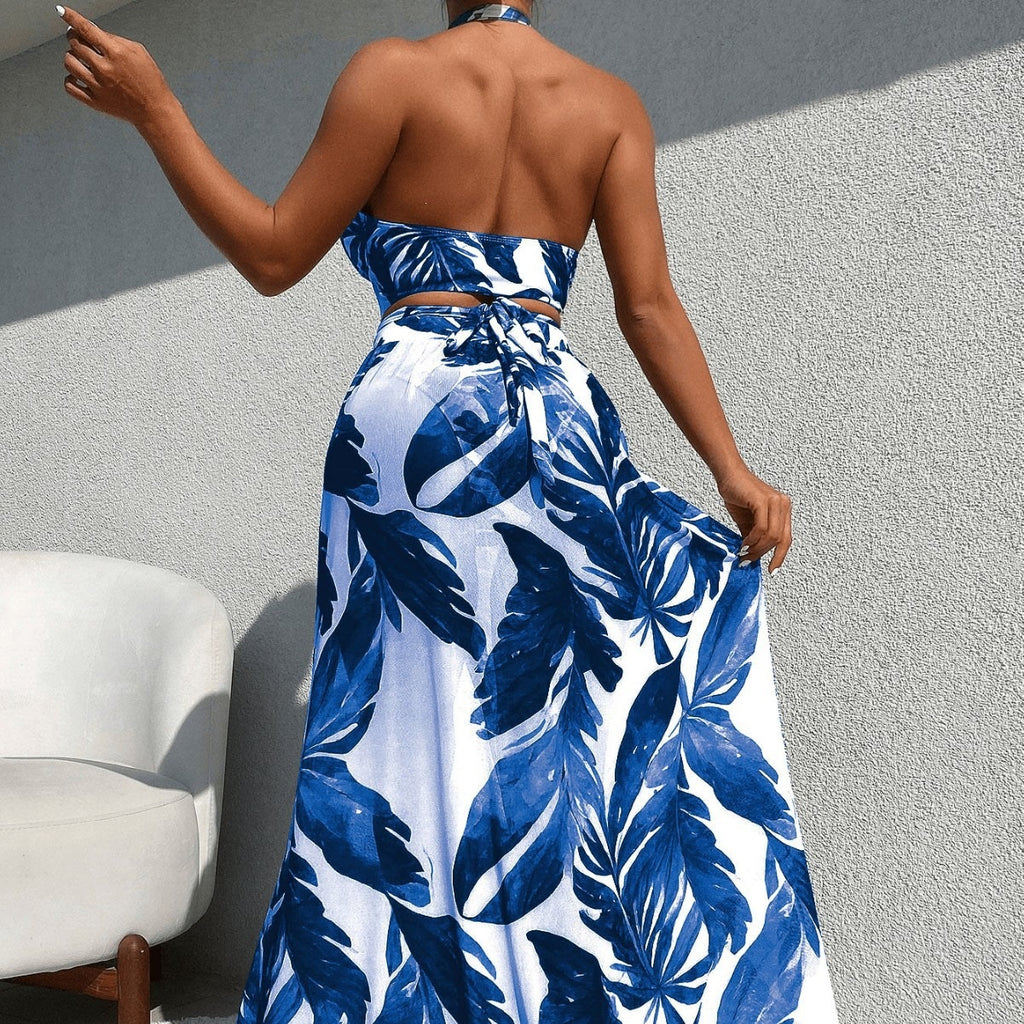 Plant Print Hollow-Out Halter Swimsuit with Mesh Skirt Three-Piece Set
