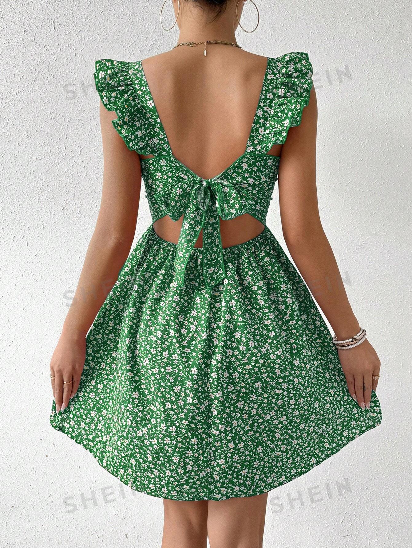 Square-neck ruffled shoulder bow dress