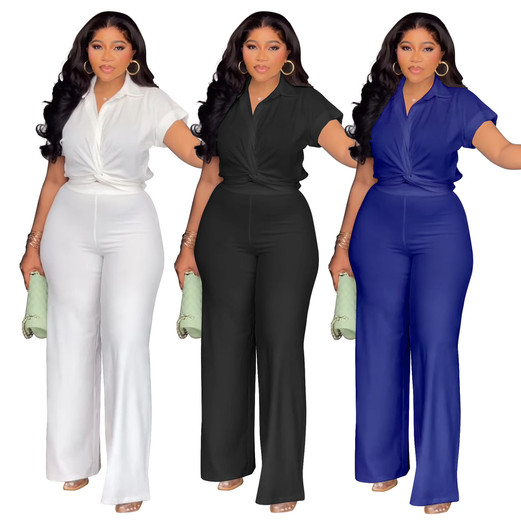 Women's Solid Color Short Sleeve Shirt and High Waist Pants Set