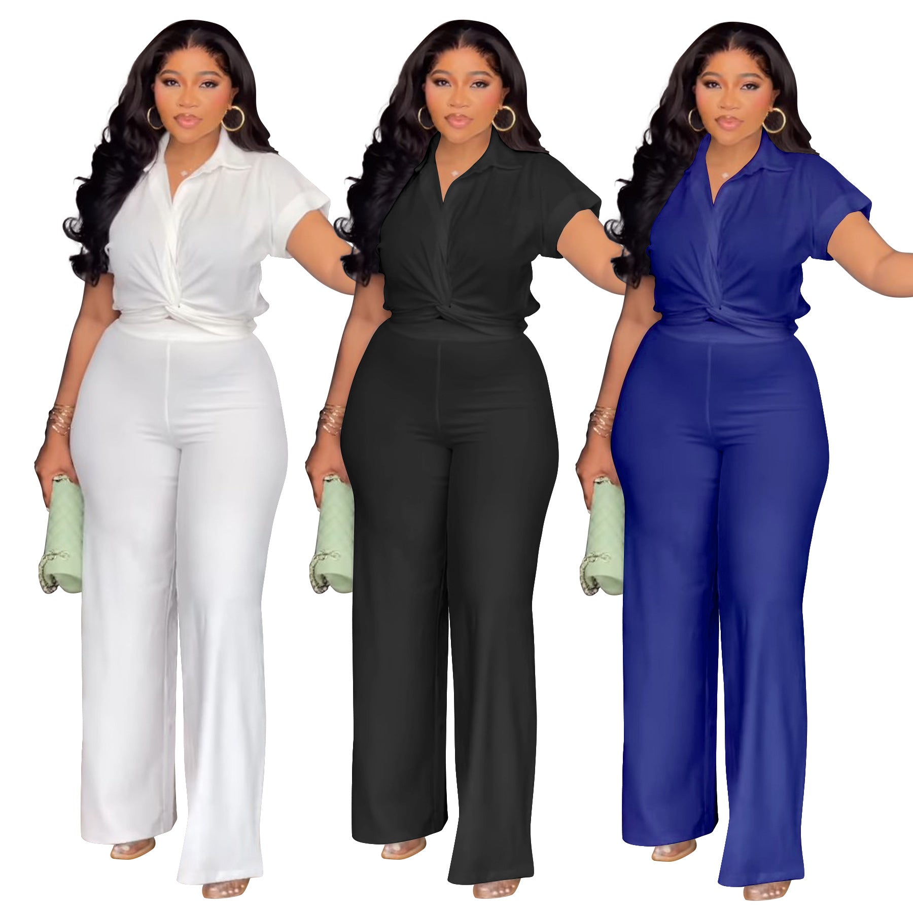 Women's Solid Color Short Sleeve Shirt and High Waist Pants Set