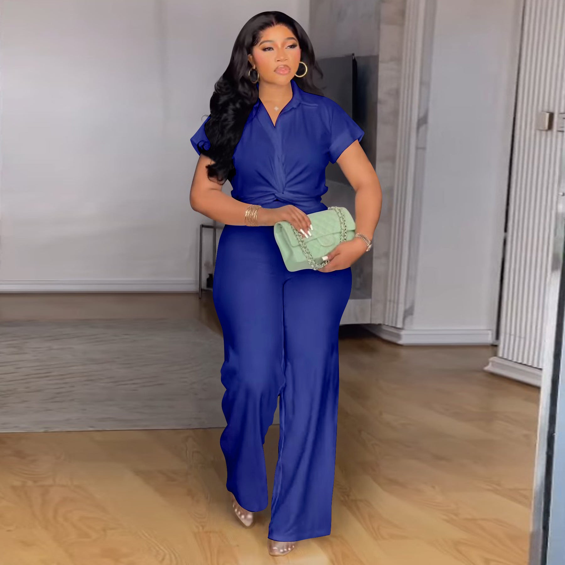 Women's Solid Color Short Sleeve Shirt and High Waist Pants Set