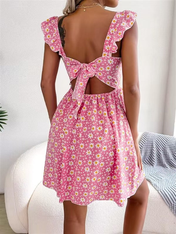 Square-neck ruffled shoulder bow dress
