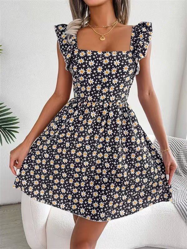 Square-neck ruffled shoulder bow dress