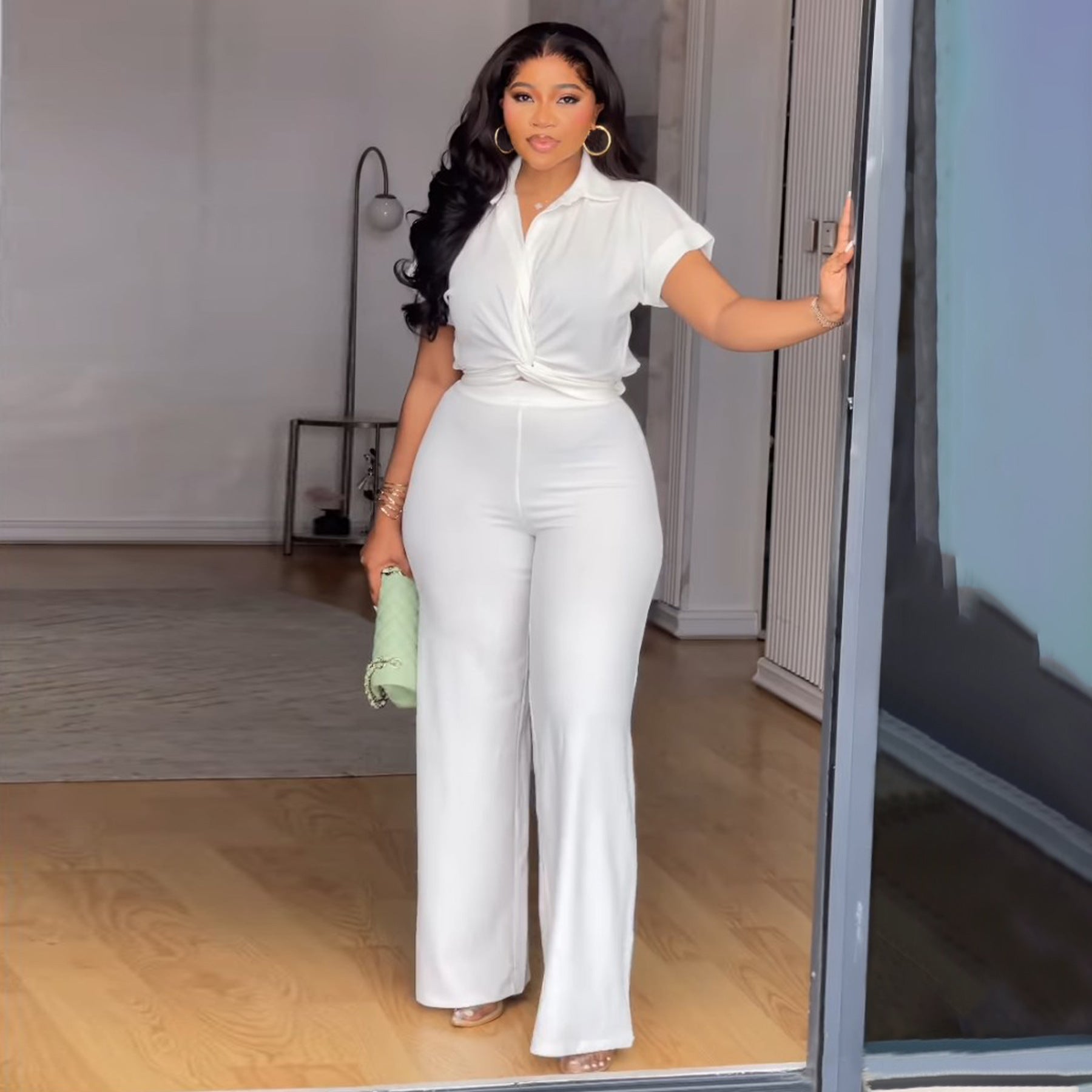Women's Solid Color Short Sleeve Shirt and High Waist Pants Set