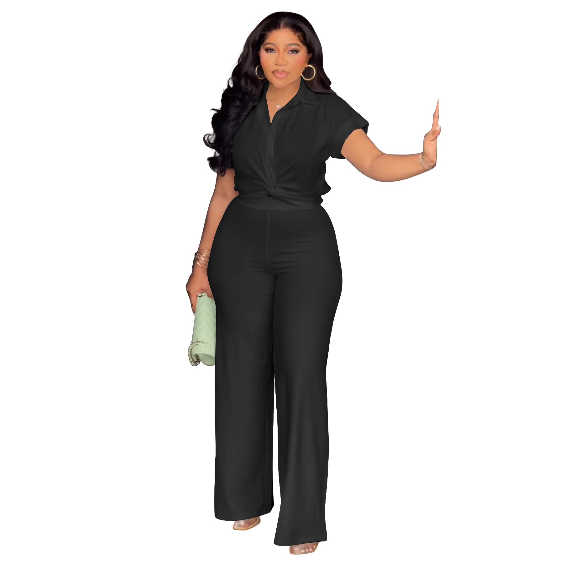 Women's Solid Color Short Sleeve Shirt and High Waist Pants Set