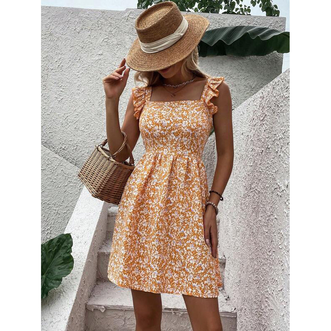 Square-neck ruffled shoulder bow dress