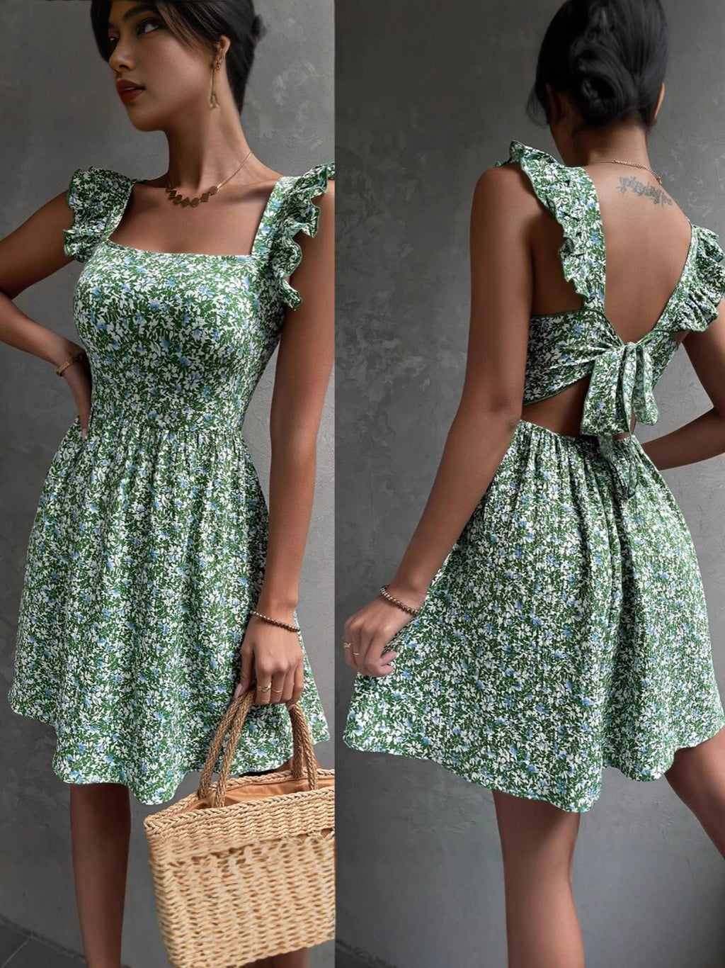 Square-neck ruffled shoulder bow dress