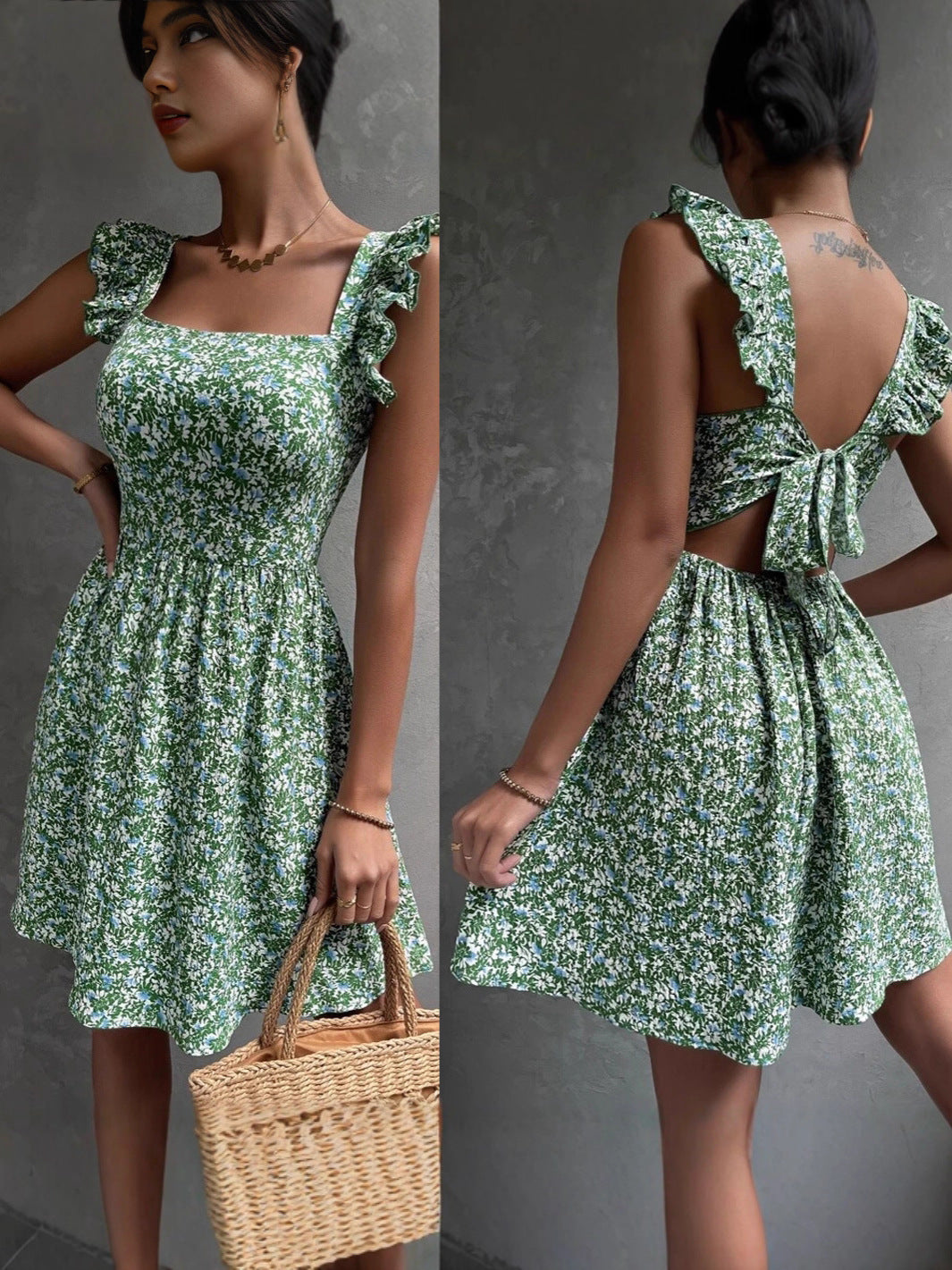 Square-neck ruffled shoulder bow dress
